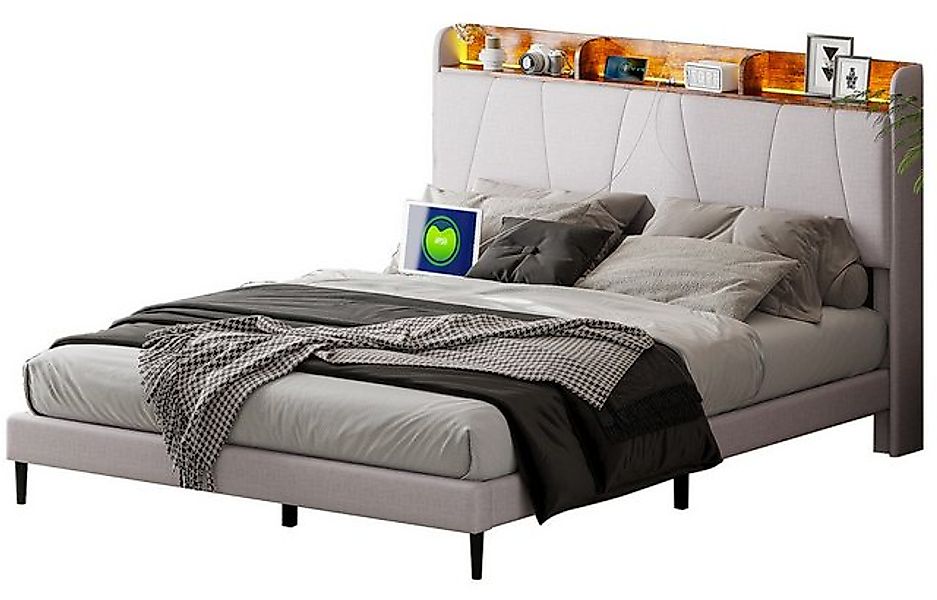 FUROKOY Polsterbett Doppelbett mit LED Licht und USB+TypeC Leinen, 160x200 günstig online kaufen