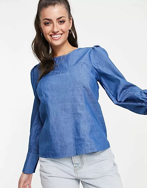 Vila – Jeans-Oberteil mit herzförmigem Detail auf der Brust in Blau günstig online kaufen