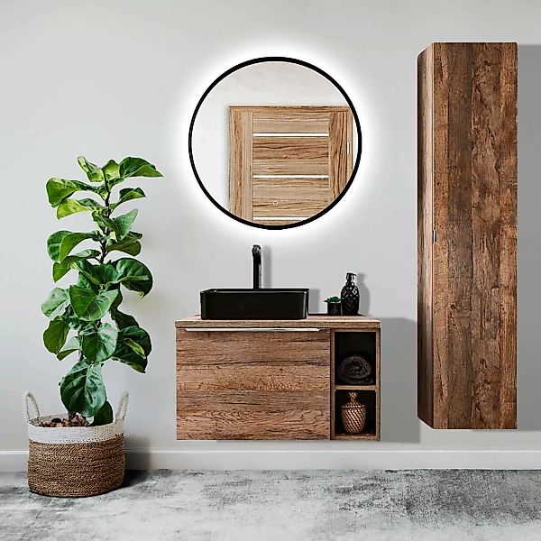 Badezimmermöbel Set in Vintage Oak Eiche PUEBLA-56 Spiegel mit LED-Beleucht günstig online kaufen