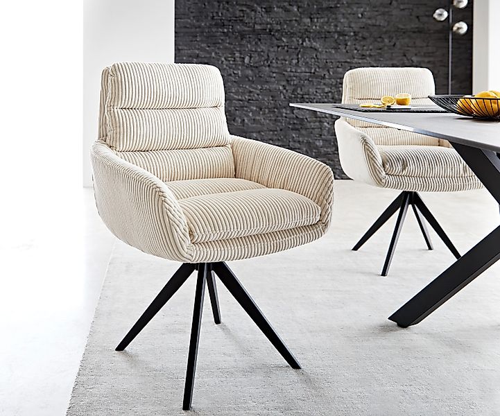 Esszimmerstuhl Abelia-Flex mit Armlehnen Cord Beige Kreuzgestell kantig Sch günstig online kaufen