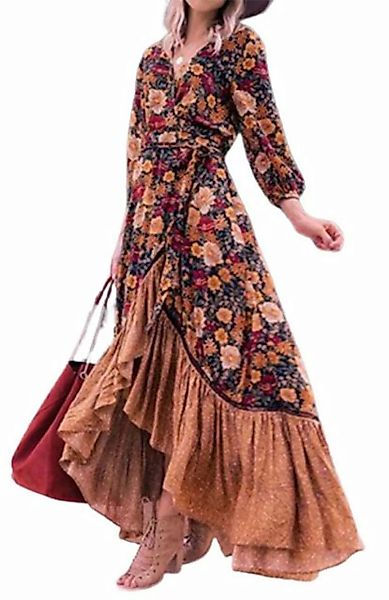 ZWY Dirndl Maxirock Damen-Langarm-bedrucktes Vintage-Kleid, langer Rock günstig online kaufen
