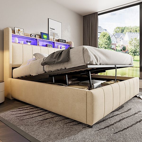 Flieks Polsterbett, LED hydraulisches Doppelbett 160x200cm günstig online kaufen