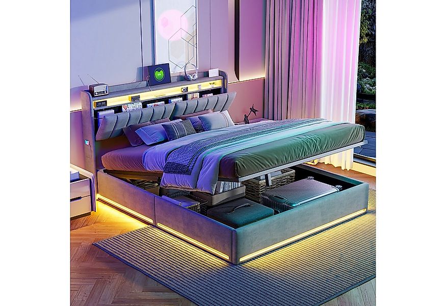 PXloue Polsterbett LED Doppelbett, Bettkasten, Ladefunktion, Samt, 160x200 günstig online kaufen