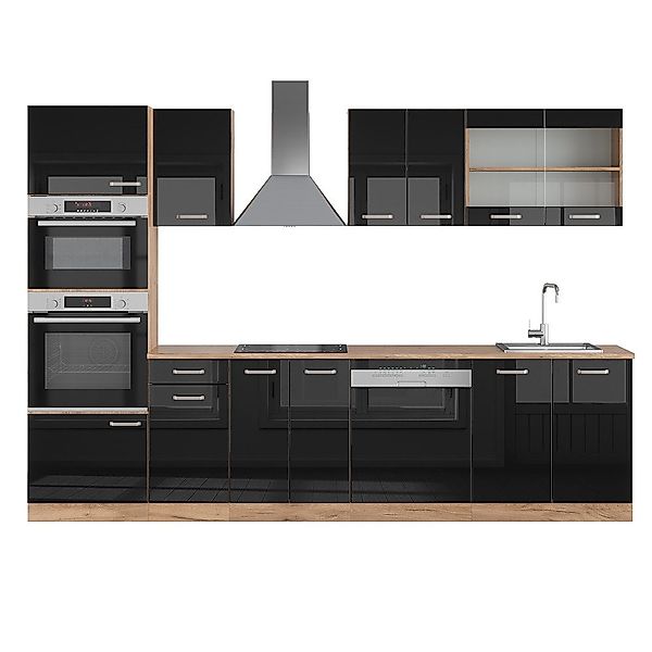 Vicco Küchenzeile R-Line Schwarz Hochglanz/Eiche 300cm günstig online kaufen