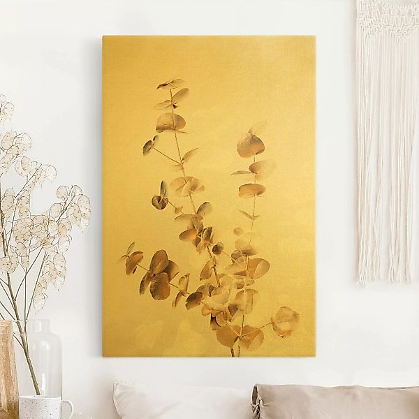 Leinwandbild Gold Goldene Eukalyptuszweige mit Weiß günstig online kaufen