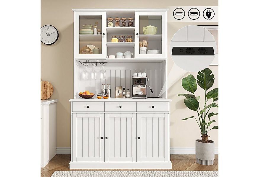 Flieks Küchenbuffet mit Steckdosen, Gläserhalter, Schubladen und Glastüren günstig online kaufen