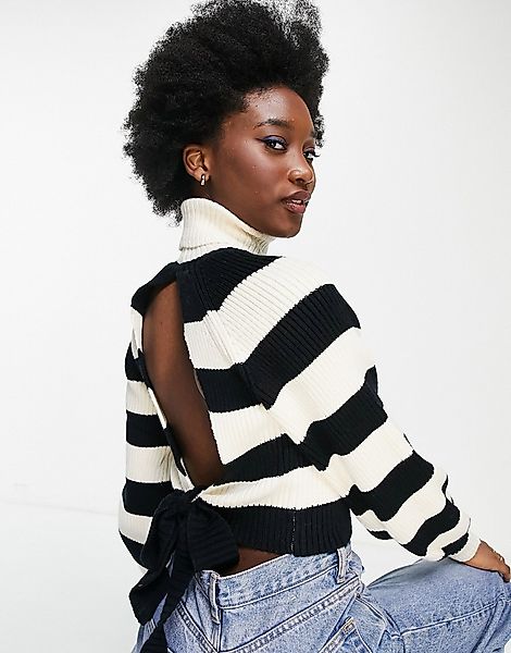Lola May – Gestreifter Pullover mit Rückenausschnitt und Schnürung-Schwarz günstig online kaufen