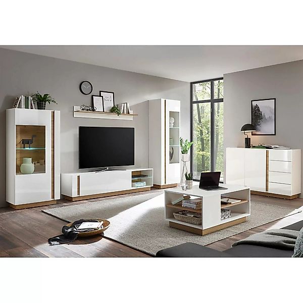 Wohnzimmer-Wohnwand-Set in weiß Glanz mit Grandson Oak Eiche Nb. CELLE-61 m günstig online kaufen
