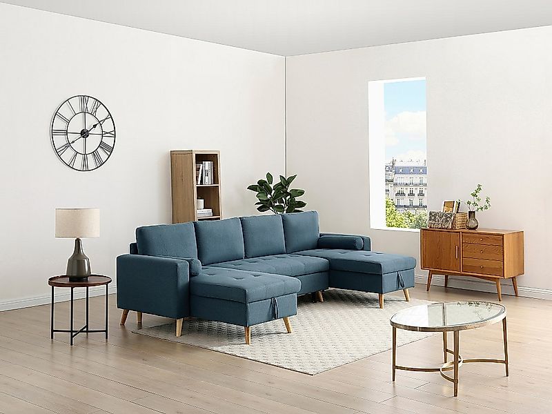 Panorama-Ecksofa mit Schlaffunktion – Stoff – Türkisblau – KORI günstig online kaufen