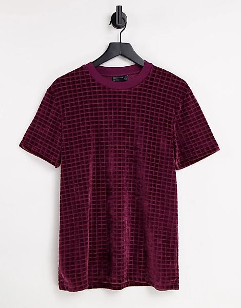 ASOS DESIGN – T-Shirt aus Velours in Burgunderrot mit Gitterstruktur günstig online kaufen