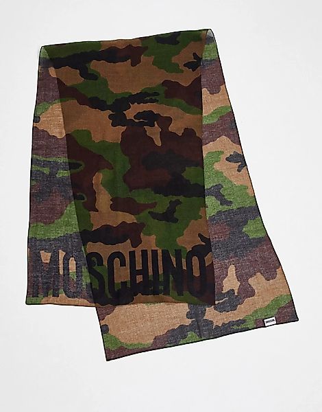 Moschino – Schal in Khaki mit Military-Muster und Logo-Grün günstig online kaufen