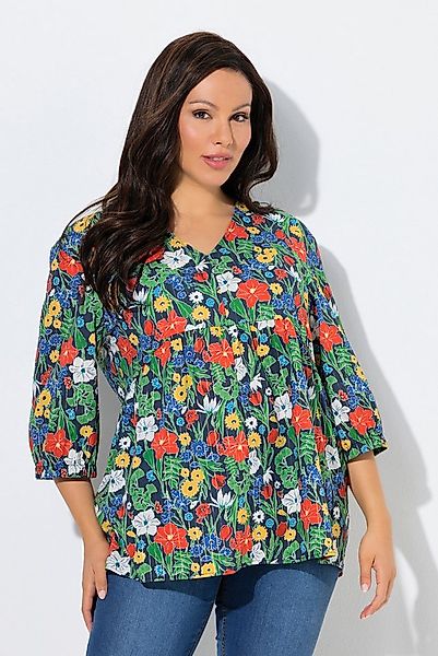 Ulla Popken Tunika Bluse Glitter Blüten A-Linie V-Ausschnitt 3/4-Arm günstig online kaufen