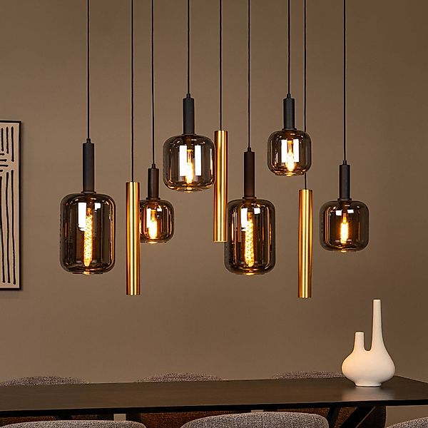 Hängelampe Joanet, Länge 130 cm, rauch/messing, Glas, 9-flg. günstig online kaufen