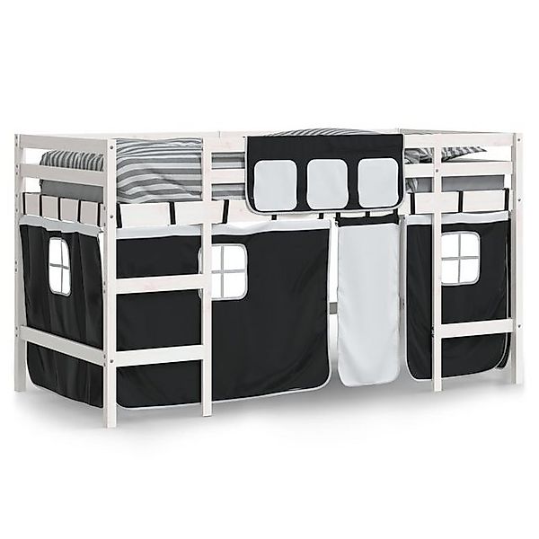 vidaXL Bett Kinderhochbett mit Vorhängen Weiß und Schwarz Massivholz Kiefer günstig online kaufen