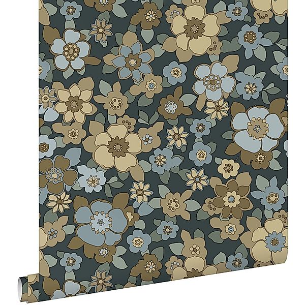 ESTAhome Tapete Retro Blumen Dunkelblau 50 x 900 cm günstig online kaufen