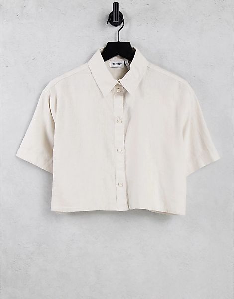 Weekday – Ylva – Kurzes Leinenhemd in Beige-Neutral günstig online kaufen
