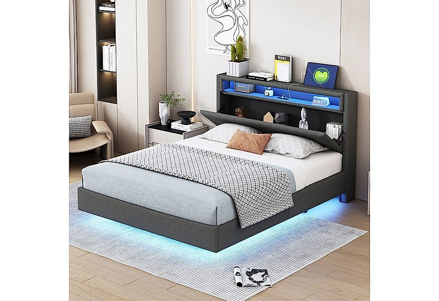 Merax Polsterbett mit LED und USB-Steckdose (1-tlg., Stauraumbett aus Leine günstig online kaufen