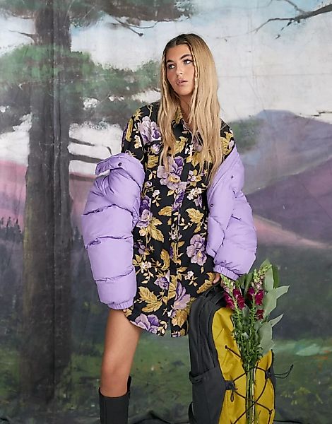 ASOS DESIGN – Mini-Hemdkleid aus Twill mit lila Blumenmuster-Mehrfarbig günstig online kaufen