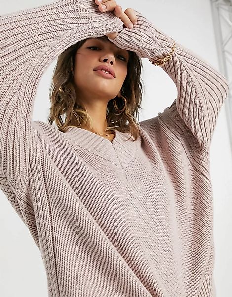 ASOS DESIGN – Pullover mit V-Ausschnitt und gerippten Ärmeln in Flieder-Lil günstig online kaufen