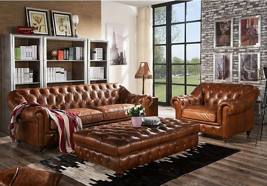 JVmoebel Sofa, Vintage Chesterfield Sofagarnitur Couch Polster Sofa Leder 3 günstig online kaufen