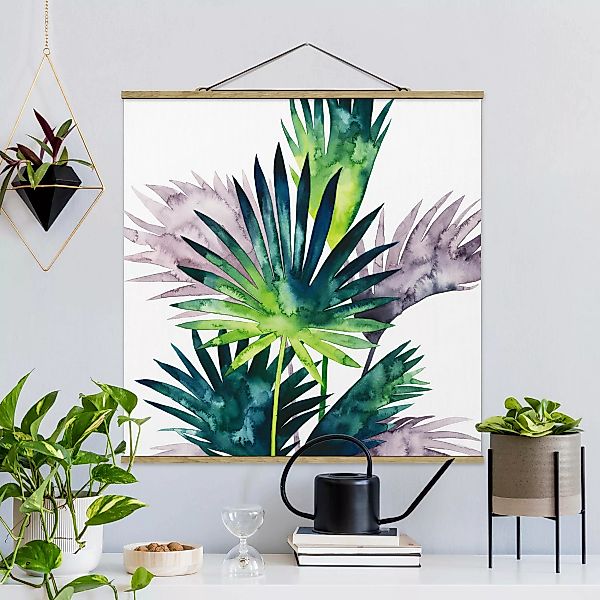 Stoffbild Blumen mit Posterleisten - Quadrat Exotisches Blattwerk - Fächerp günstig online kaufen