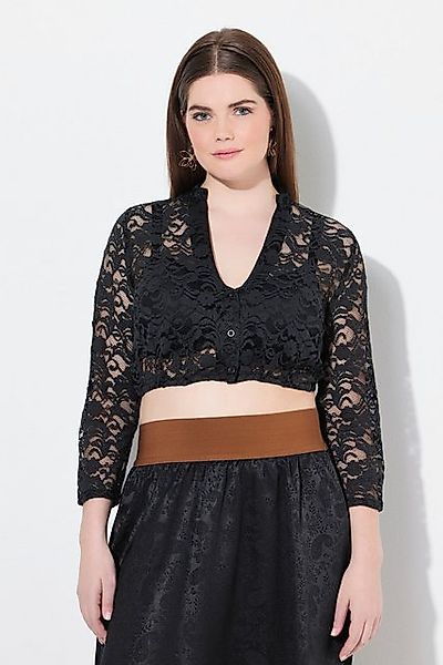 Ulla Popken Longbluse Dirndlbluse Spitze V-Ausschnitt 3/4-Arm Gummisaum günstig online kaufen