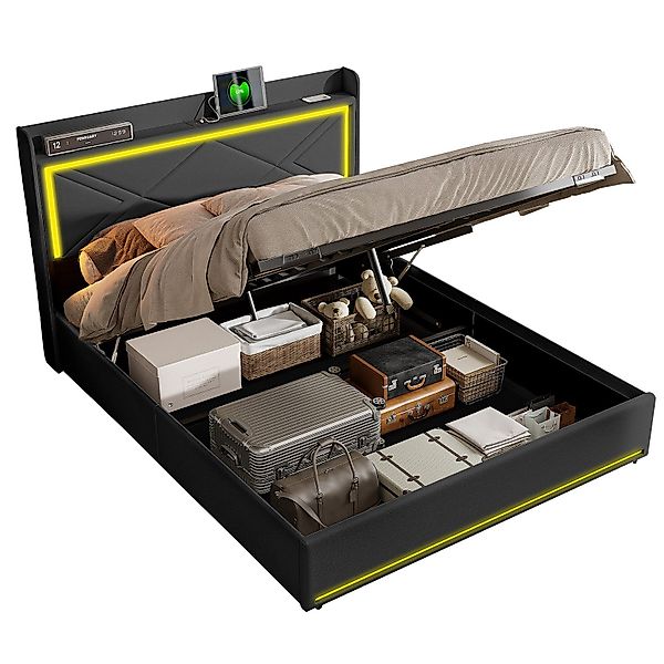 FUROKOY Polsterbett LED-Beleuchtung Kunstleder Hydraulisch Doppelbett günstig online kaufen