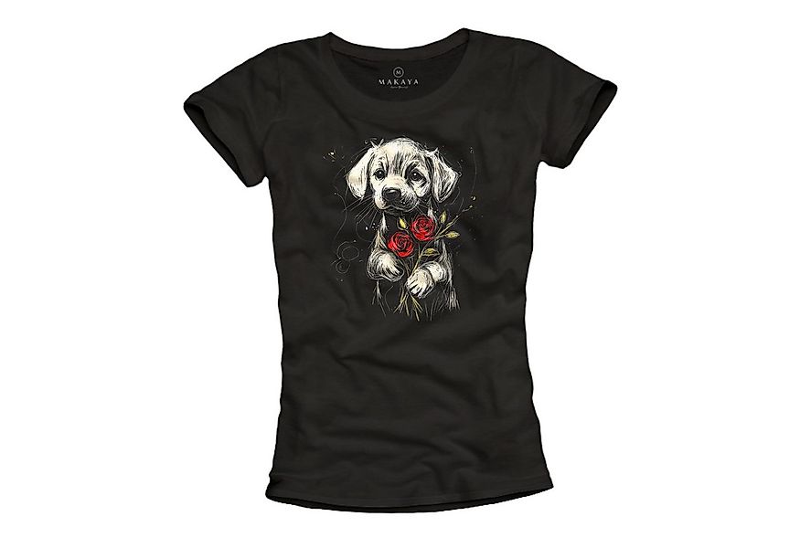 MAKAYA Print-Shirt mit Hundemotiv Damen Top Blumen Hund Kurzarmshirt Schwar günstig online kaufen