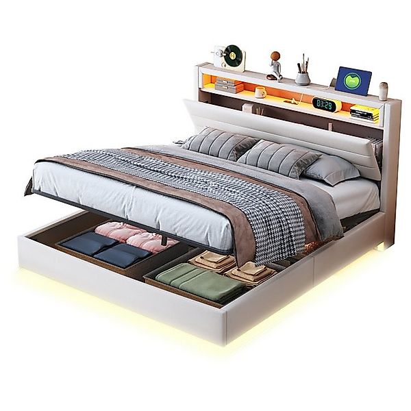 REDOM Polsterbett Doppelbett Stauraumbett (mit USB-Steckdose, LED-Beleuchtu günstig online kaufen
