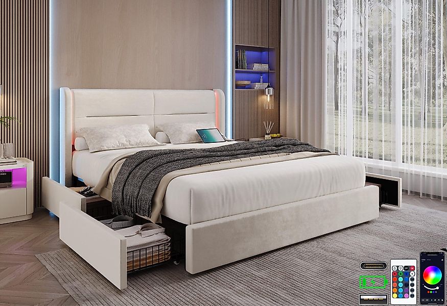 LVHOM Stauraumbett 140x200/160x200cm, LED-Samt-Bett mit 4 günstig online kaufen