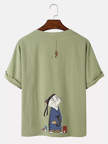 Herren Cartoon Katze Print Einfarbige lose dünne runde Hals lässige T-Shirt günstig online kaufen