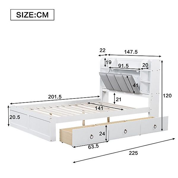 HAUSS SPOLE Holzbett 140x200cm mit offenem Regal, 3 Schubladen, Griffe aus günstig online kaufen