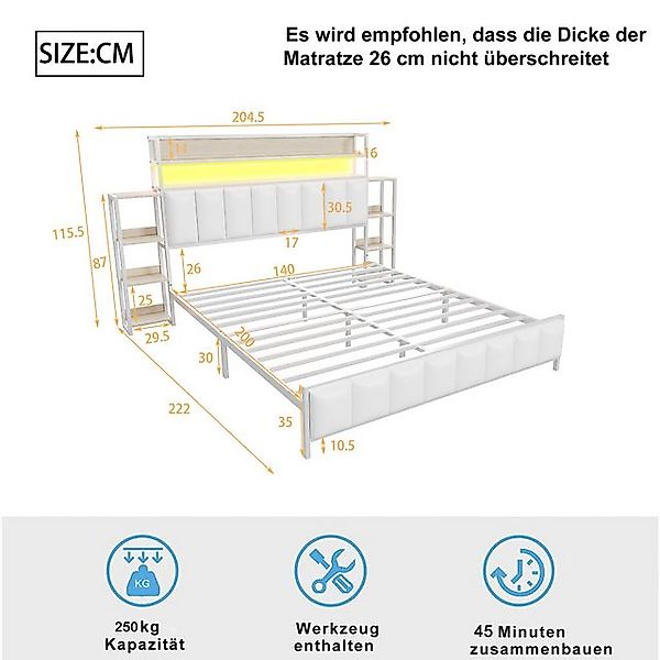 Flieks Metallbett, LED Kunstleder-Polsterbett Doppelbett 140x200cm mit Stau günstig online kaufen