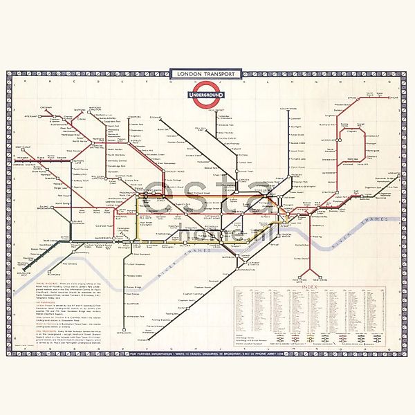 ESTAhome Fototapete Londoner U-Bahn-Karte Beige Rot und Blau 2,79 x 2,79 m günstig online kaufen