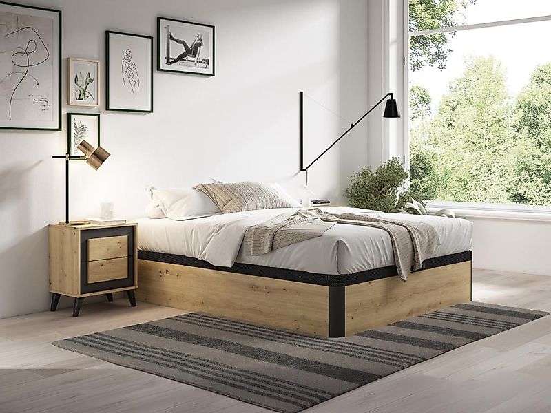 Bettgestell mit Bettkasten - 160 x 200 cm - Holzfarben hell & Schwarz - NAM günstig online kaufen