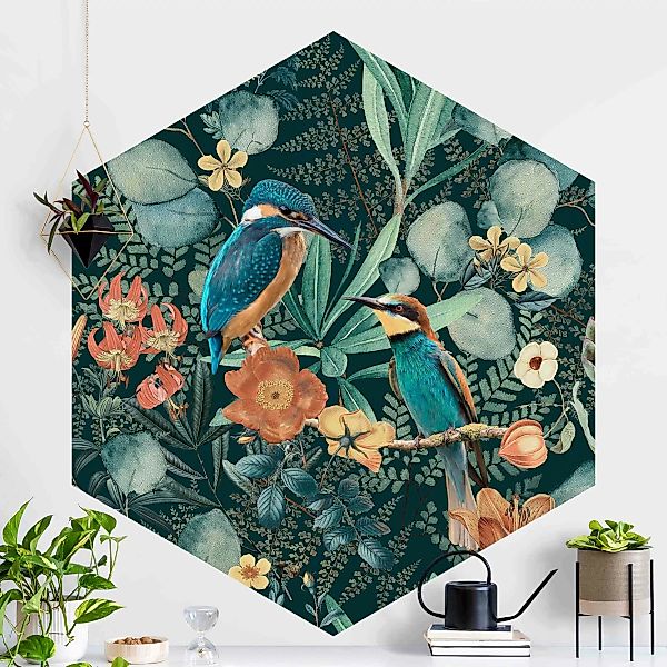 Hexagon Fototapete selbstklebend Blumenparadies Eisvogel und Kolibri günstig online kaufen
