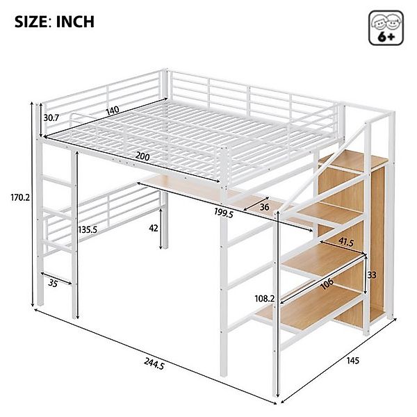 Flieks Hochbett Kinderbett Metallbett 90x200cm mit Schreibtisch und Kleider günstig online kaufen