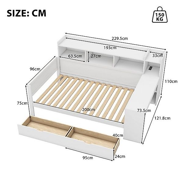Flieks Kinderbett, Daybett 90x200cm mit Aufladenfunktion, 2 Schubladen und günstig online kaufen