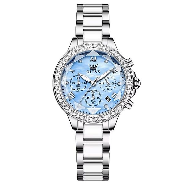 OLEVS Quarzuhr Damen Olevs Chrono Uhr Keramik Steinbesatz Blaues Zifferblat günstig online kaufen
