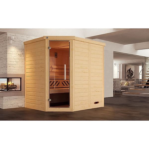 Weka Massivholzelementsauna Kemi Eck Sparset 7,5 kW BioS Glastür günstig online kaufen