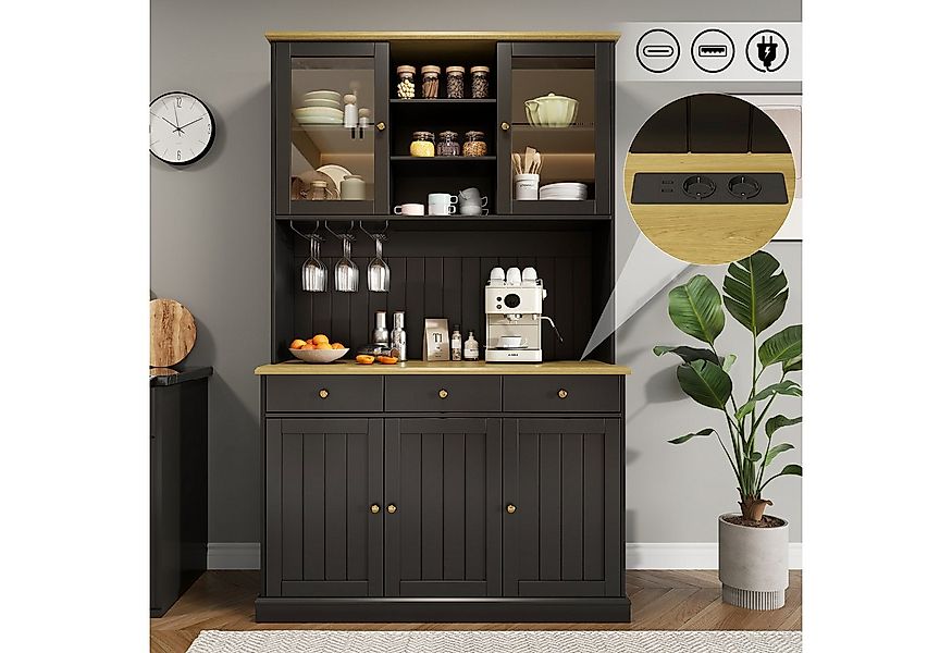 Flieks Küchenbuffet mit Steckdosen, Gläserhalter, Schubladen und Glastüren günstig online kaufen