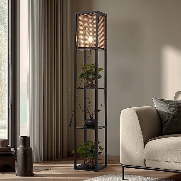 Lindby Stehleuchte Birta, schwarz/natur, Regal, Rattan günstig online kaufen