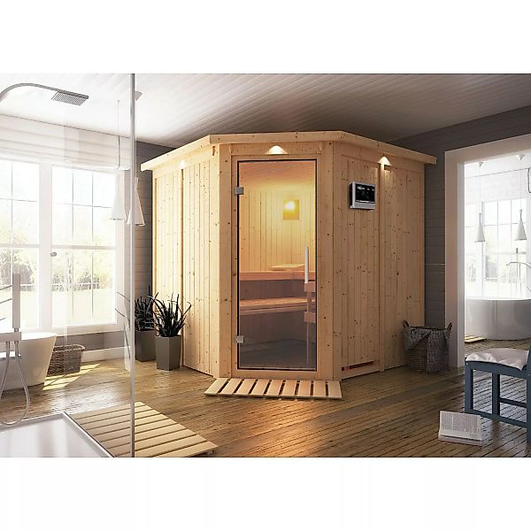 Karibu Sauna Jorma mit Bio-Ofen externe Stg.Easy LED-Dachkranz Natur günstig online kaufen