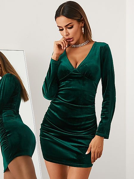 YOINS V-Ausschnitt Samt Lange Ärmel Mini Kleid günstig online kaufen