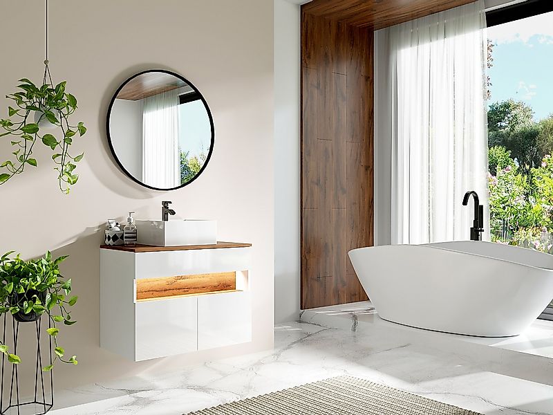 Waschbeckenunterschrank hängend mit Aufsatzwaschbecken - mit LED-Beleuchtun günstig online kaufen