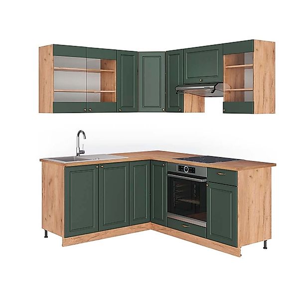 Vicco Fame-Line Eckküche Grün-Gold Landhaus/Goldkraft Eiche 160 x 190 cm AP günstig online kaufen