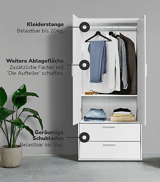 mokebo Kleiderschrank Der Kleiderheld 2 türig und mit zwei durchlaufenden S günstig online kaufen