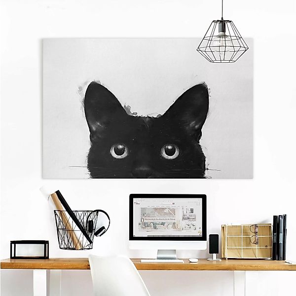 Leinwandbild Tiere - Querformat Illustration Schwarze Katze auf Weiß Malere günstig online kaufen