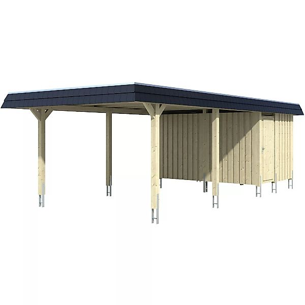 Skan Holz Carport Wendland Natur + Anbau 409 x 870 cm EPDM-Dach Blende Schw günstig online kaufen