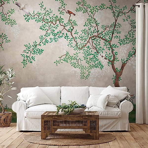 PROFHOME 382331-GU Fototapete Vogelmuster Grau Grün Beige Weiß 3,71 m x 2,8 günstig online kaufen